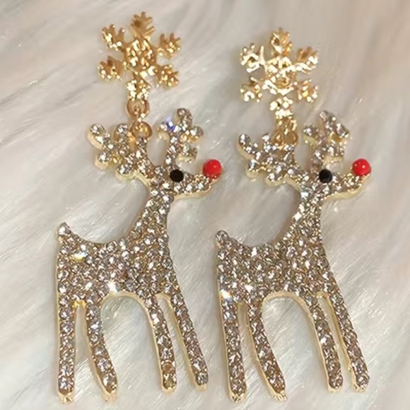 🎄 Gold Tone Sparkling Rudolph The Red Nosed Reindeer Earrings - Picture 6 of 13